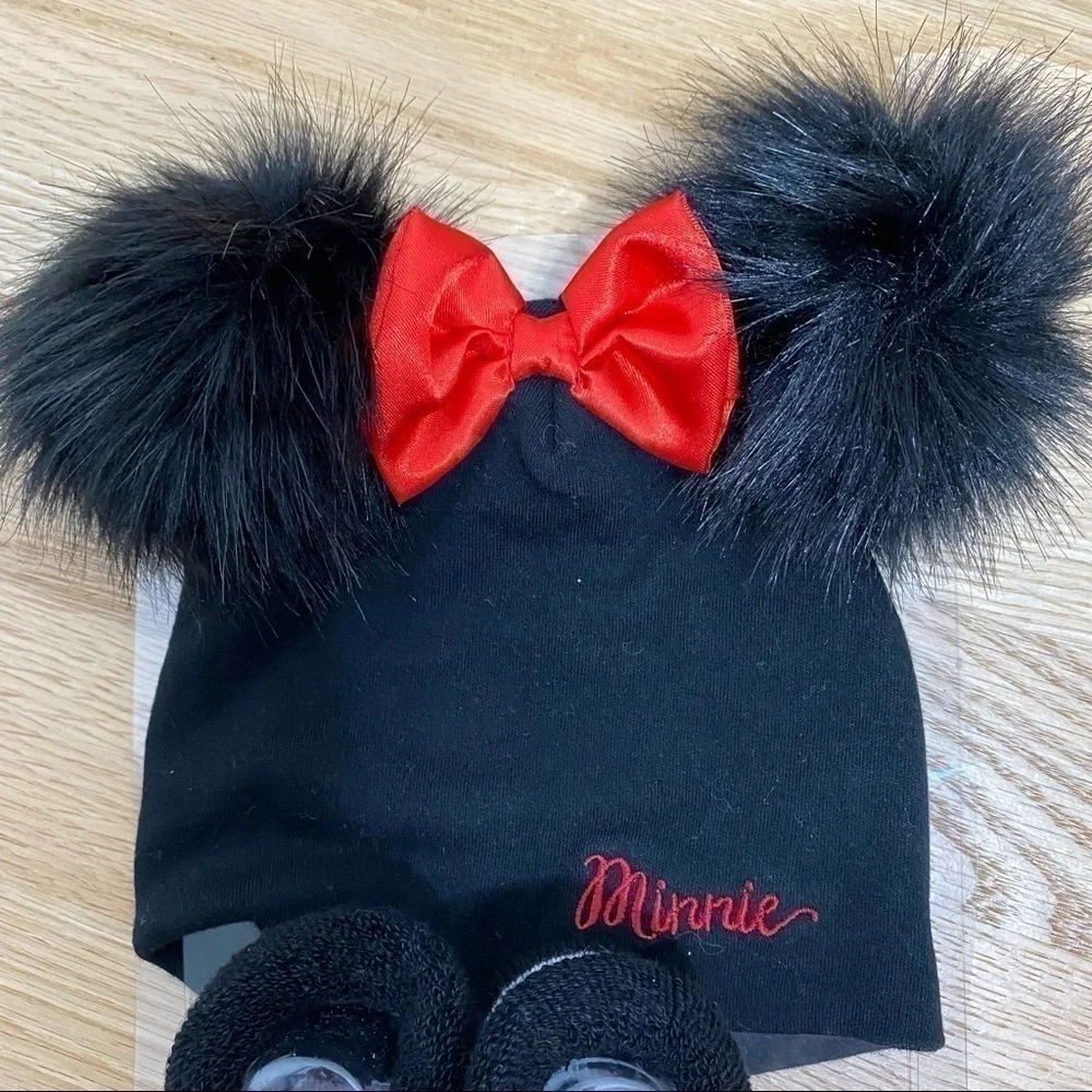 Minnie Mouse Fuzzy Ear Hat & Sock Booties NEW Baby Disney Black Red Bow